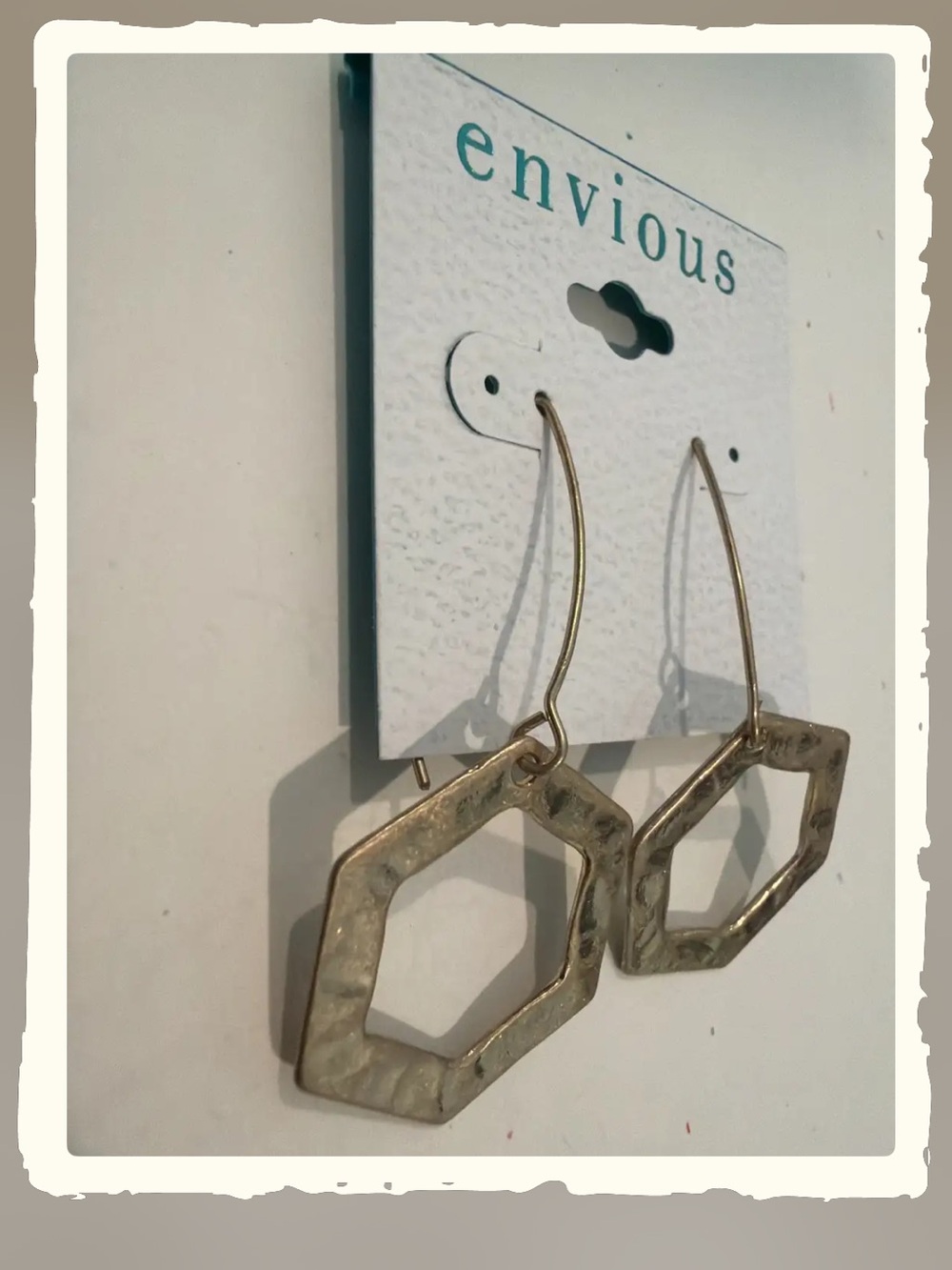 Envious Hexagon Drop Earrings in Antiqued Gold